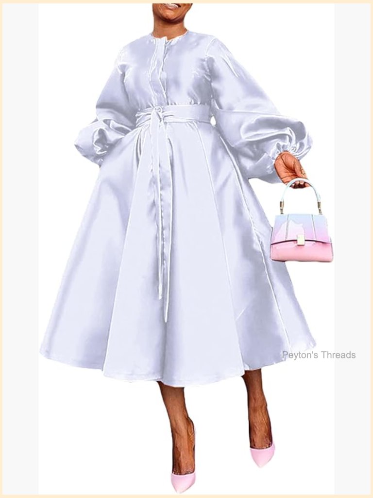 Long Sleeve Satin Dress Button Flowy A Line Formal Cocktail Dress With Belt